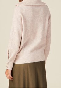 Maglione rosa chiaro a maglia con colletto ripiegato, dotato di grandi bottoni al polsino e una vestibilità comoda. Abbinato a una gonna verde scuro.