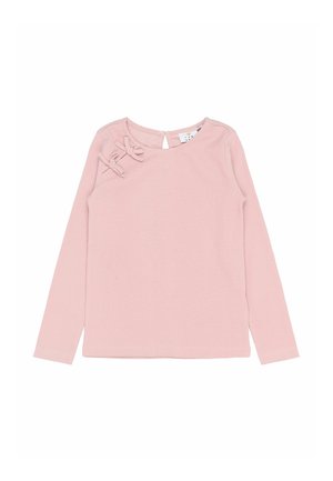 Lyserød langærmet ribstrikket top med rund halsudskæring og to små dekorative sløjfer på venstre skulder.