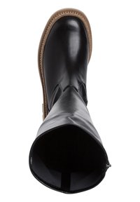 Black leather ankle boot with a round toe, textured surface, side zipper, and a tan rubber sole. Interior is black fabric.
