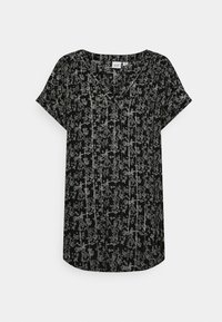 Blusa nera con maniche corte, caratterizzata da un motivo floreale bianco. Sottolineato scollo a V e tessuto leggero per il massimo comfort.