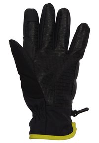 Svarta handskar med texturerad greppyta, flexibel tyg och limegrön detalj. Har elastisk mudd för snug passform och enkel användning.