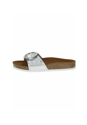 Silver metallic slide sandal with a round buckle, cork footbed, and white rubber sole. Smooth texture with a flat design.
