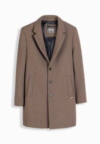 Brun uldfrakke med spids krave, enkeltrækker foran, sort foer og to forlommer. Subtil struktur og fem knapper.