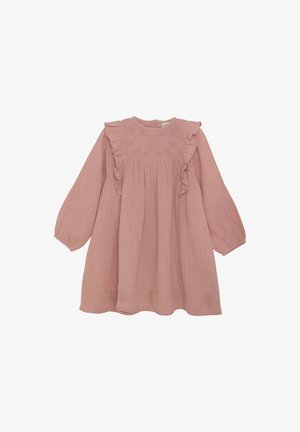 Rosa muslin kjole med rund halsutskjæring, volangermar og en brodert byste med blomsterdesign. Løs, knelang silhuett.