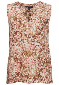 Blouse sans manches à fleurs roses, blanches et marron, col rond et détail noué à l'avant.