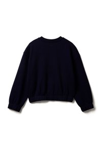 Námořnická modrá zkrácená mikina s kulatým výstřihem, dlouhými rukávy a žebrovaným lemem. Měkká struktura s elastickými manžetami a pasem.