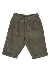Kaki corduroy shorts met een elastische tailleband. Heeft een verticale geribbelde textuur, rechte snit en knielengte ontwerp. Geen zichtbare zakken.