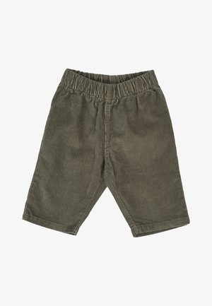 Shorts en velours côtelé kaki avec une taille élastique. Présentent une texture côtelée verticale, une coupe droite et une longueur jusqu'au genou. Pas de poches visibles.