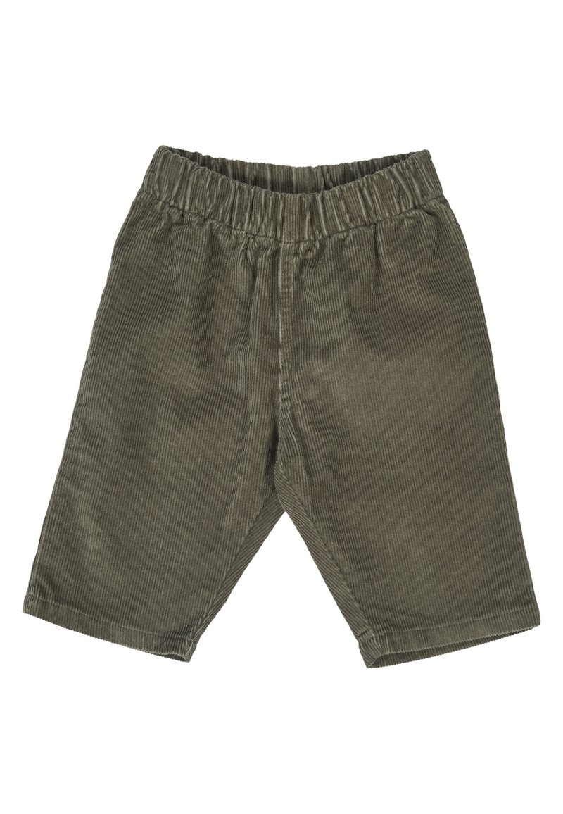 Kaki corduroy shorts met een elastische tailleband. Heeft een verticale geribbelde textuur, rechte snit en knielengte ontwerp. Geen zichtbare zakken.
