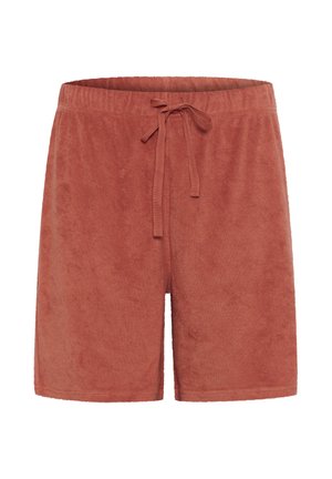 Terracotta-colored shorts made of soft terry fabric, featuring an elastic waist with a drawstring and a straight cut, without pockets.