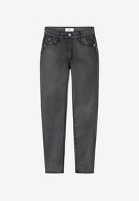 Jeans neri a vestibilità slim, con tasche frontali, chiusura a bottone e una texture liscia. Realizzati in denim con una leggera lucentezza.
