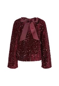 Top bordeaux a maniche lunghe realizzato in tessuto di paillettes, con dettaglio a fiocco sul collo e una silhouette leggermente cropped.