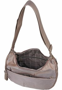Borsa a spalla in nylon marrone con finitura testurizzata, scomparti con zip e una larga tracolla. L'interno presenta una fodera con motivo logo e una tasca.