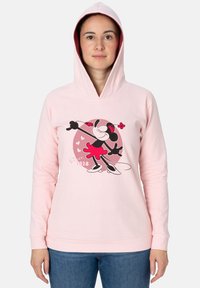 Felpa con cappuccio rosa chiaro realizzata in misto cotone. Presenta una grafica di un personaggio dei cartoni animati in un vestito rosso, con cuori e testo che indica "Dal 1928."