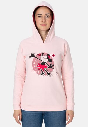 Felpa con cappuccio rosa chiaro realizzata in misto cotone. Presenta una grafica di un personaggio dei cartoni animati in un vestito rosso, con cuori e testo che indica "Dal 1928."