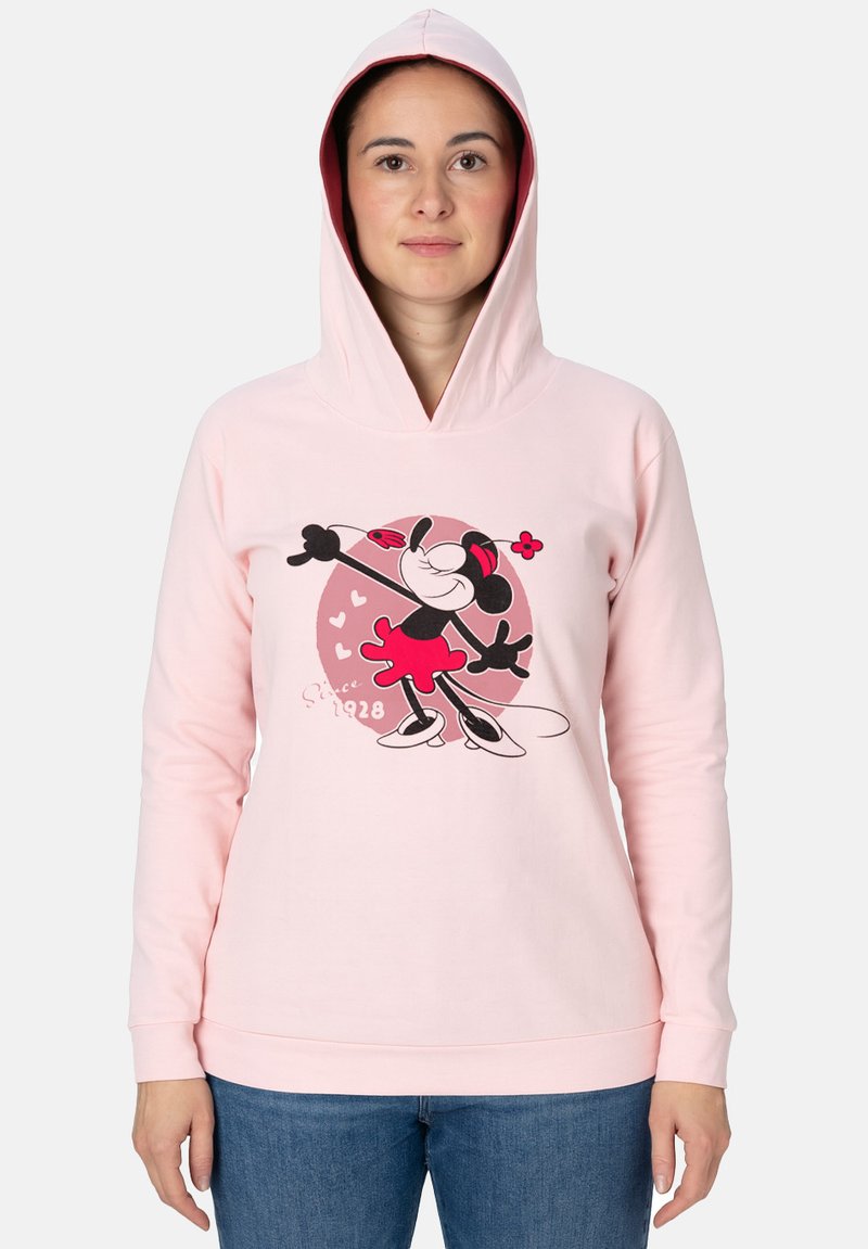 Felpa con cappuccio rosa chiaro realizzata in misto cotone. Presenta una grafica di un personaggio dei cartoni animati in un vestito rosso, con cuori e testo che indica "Dal 1928."