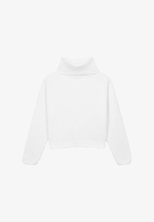 Weißer, kurzer Rollkragenpullover mit ribbeliger Textur und langen Ärmeln. Einfaches Design mit einem breiten, enganliegenden Kragen und tubularen Saum.