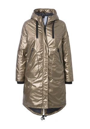 Parka metallizzata oro con accenti neri, frontale zip e tasche, texture liscia e cordoncino all'orlo per la regolazione.
