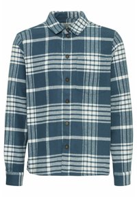 Blue and white plaid flannel shirt with a button-up front, long sleeves, and a collar; features brown buttons and a chest pocket.