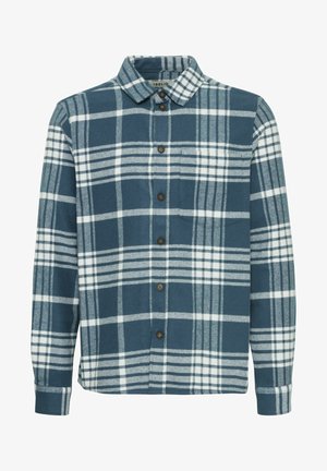 Blauw en wit geblokte flanellen shirt met een knoopsluiting aan de voorkant, lange mouwen en een kraag; beschikt over bruine knopen en een borstzak.