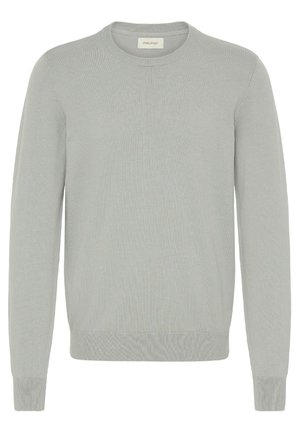 Pulover crem deschis cu guler rotund, realizat dintr-un material moale, având manșete și tiv ribbate, cu o textură netedă și o croială clasică.