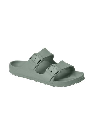 Enkel grijs slipper met twee verstelbare gespen en een gevormd voetbed voor casual gebruik.