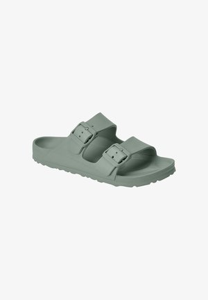 Single gray slide sandal with two adjustable buckled straps and contoured footbed for casual wear.