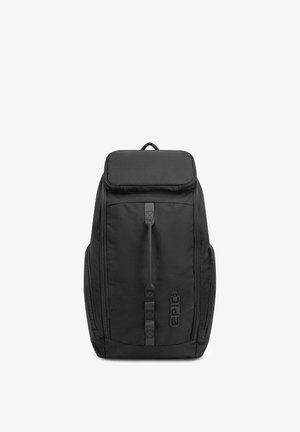 Black rectangular backpack with a top flap, front vertical strap detail, side pockets, and "EPIC" logo on the lower front.