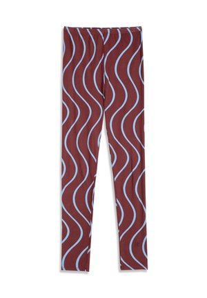 Leggings met een bruine basiskleur en een herhalend patroon van lichtblauwe golvende lijnen, met een elastische tailleband en een slanke pasvorm.