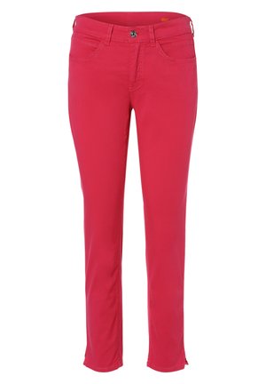 Pink cotton blend pants with a straight leg design, featuring front pockets, a button closure, and contrast stitching.
