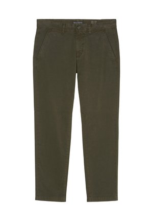 Chinos en coton vert foncé avec une coupe droite, poches avant et fermeture à bouton. Présente une couture minimaliste et aucun motif visible.