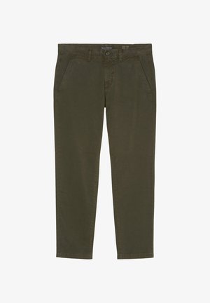 Donkergroene, katoenen chino's met een recht model, voorzakken en een knoopsluiting. Kenmerkt zich door minimale stiksels en geen zichtbare patronen.