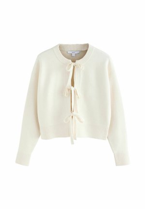 Cremfarbener Strickcardigan mit langen Ärmeln und drei gebundenen Schleifen auf der Vorderseite, gerippten Bündchen und Saum.