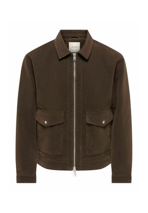 Veste marron zippée avec col pointu et deux poches avant à rabat avec fermeture par boutons.