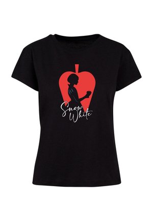 Juodas marškinėliai su raudono obuolio kontūru ir siluetu bei tekstu "Snieguolė" baltu šriftu apačioje. Trumpomis rankovėmis.