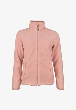 Veste en polaire rose clair avec un col haut, une fermeture éclair à l'avant et des poches latérales. Présente l'inscription "Pink Mountain" brodée sur la poitrine gauche.