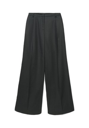 Pantaloni neri a gamba larga con passanti per cintura, pieghe anteriori e chiusura frontale nascosta.