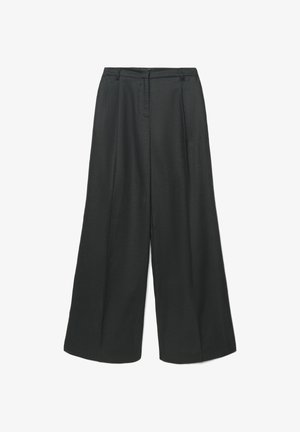 Pantaloni neri a gamba larga con passanti per cintura, pieghe anteriori e chiusura frontale nascosta.