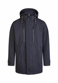 Veste étanche marine avec capuche, fermeture zippée à l'avant, deux poches poitrine zippées et cordons de serrage réglables. Tissu lisse et durable.