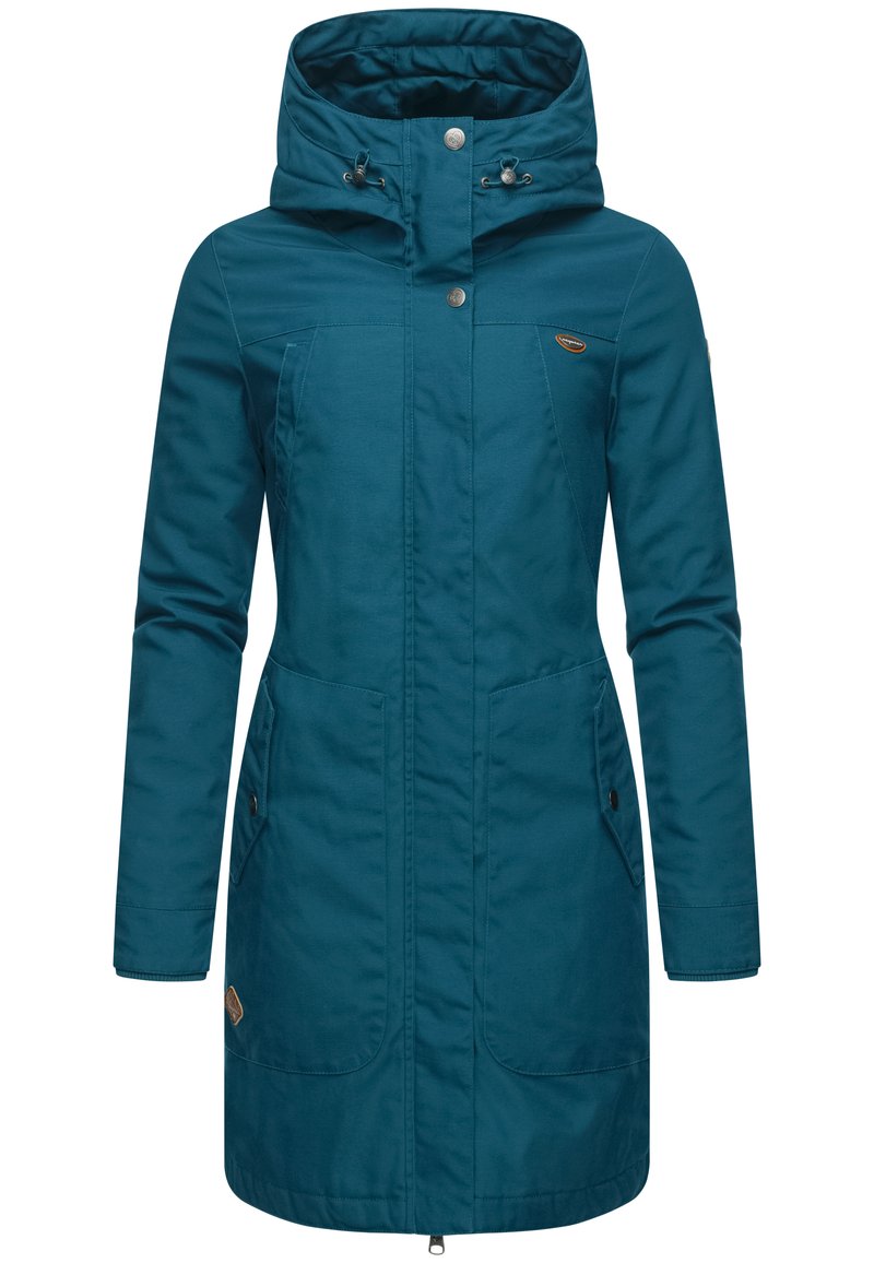 Teal hooded jacket with a zip front, two side pockets, and a logo patch. The fabric is smooth with a slight shine and textured hood lining.