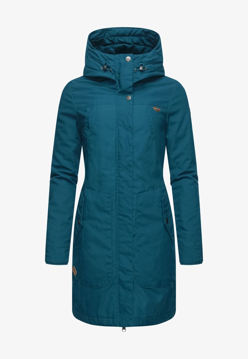 Teal hooded jacket with a zip front, two side pockets, and a logo patch. The fabric is smooth with a slight shine and textured hood lining.