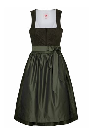 Dark green dress featuring a fitted bodice with a zip closure, embroidered pattern, and a flared skirt with a matching tie belt.