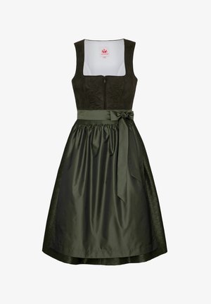 Robe vert foncé avec un corsage ajusté à fermeture éclair, motif brodé, et jupe évasée avec une ceinture à nouer assortie.