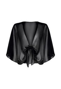 Sciarpa nera trasparente con maniche larghe legata con un fiocco anteriore, progettata per drappeggiarsi attorno alle spalle e alle braccia superiori.