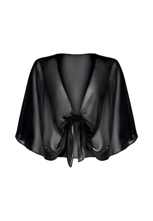 Schwarzer transparenter Schal mit weitem Ärmel, der in einer Schleife vorne gebunden ist, entworfen, um sich um die Schultern und Oberarme zu drapieren.