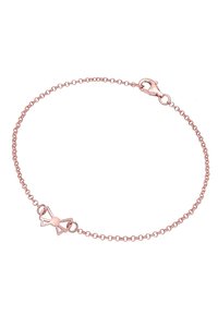 Armband i rosguld med ett fint kedjelement och en liten rosettformad charm. Låset är en karbinhake.