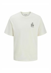 T-shirt en coton couleur crème avec un col rond et des manches courtes, arborant un graphique floral noir sur la poitrine gauche.