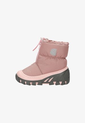 Rosa wasserdichte Stiefel mit einem gepolsterten Schaft, strukturiertem Stoff und einer dicken grauen Gummisohle mit tiefen Profilen und einem Zugtab.