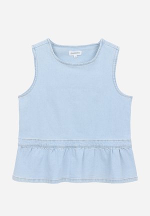 Light blue denim sleeveless top with a rounded neckline and gathered peplum hem. Features contrast stitching and a label at the neckline.