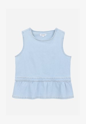 Light blue denim sleeveless top with a rounded neckline and gathered peplum hem. Features contrast stitching and a label at the neckline.